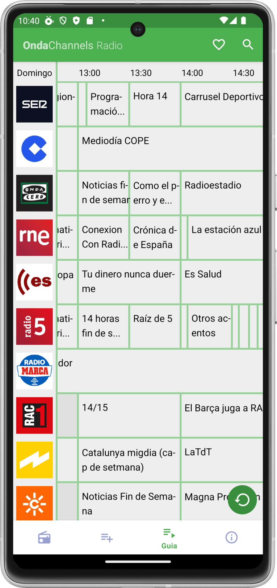 Captura de pantalla de la app OndaChannels en Android mostrando el menú principal de EPG