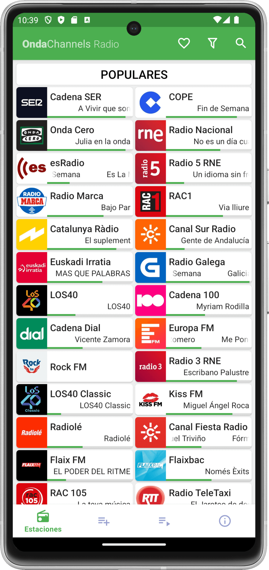 Captura de pantalla de la app OndaChannels en Android mostrando el menú principal de radios